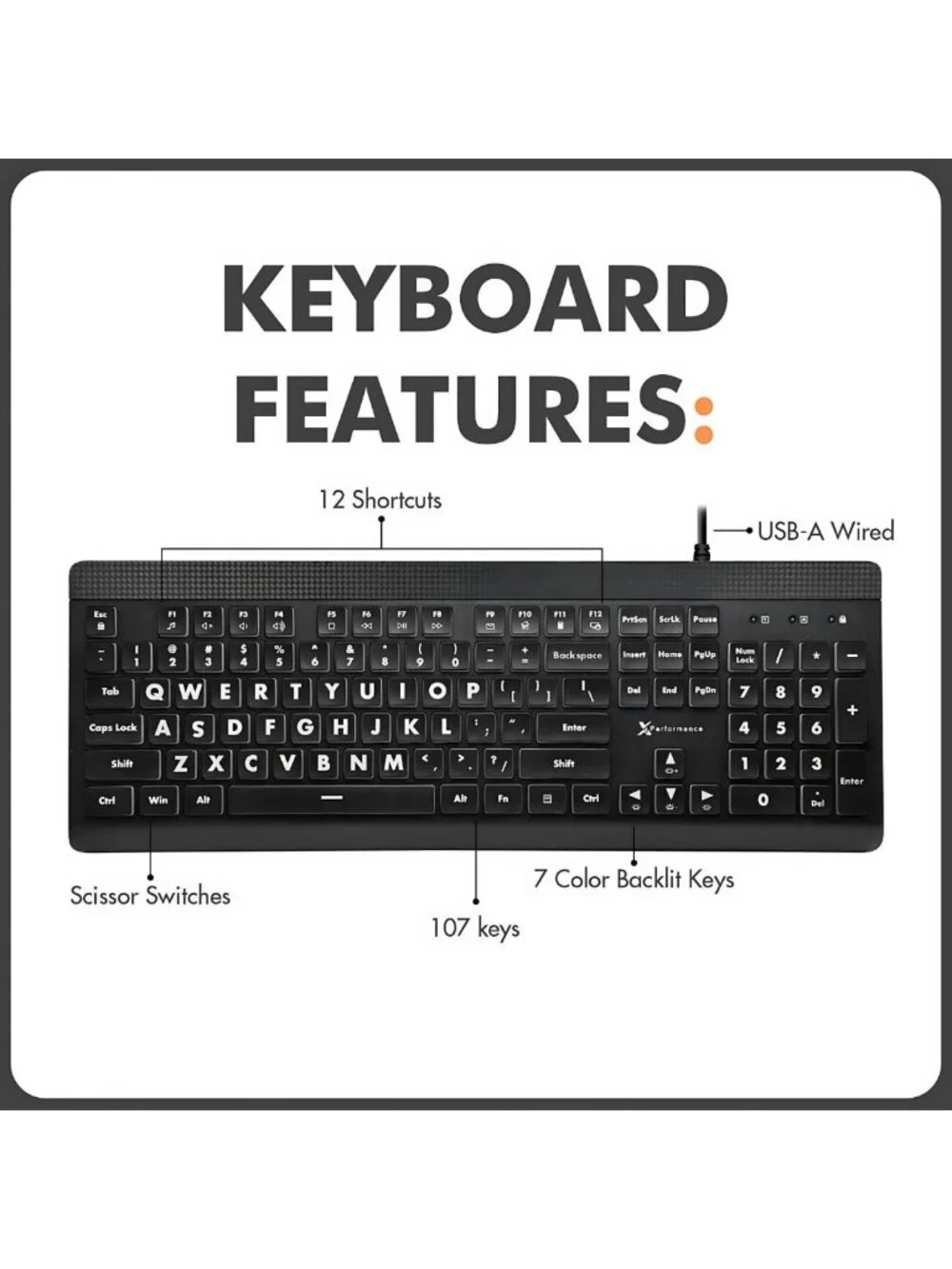 Large Print Backlit Keyboard - Easy Read Big Letters, USB Wired, 7-Color LED